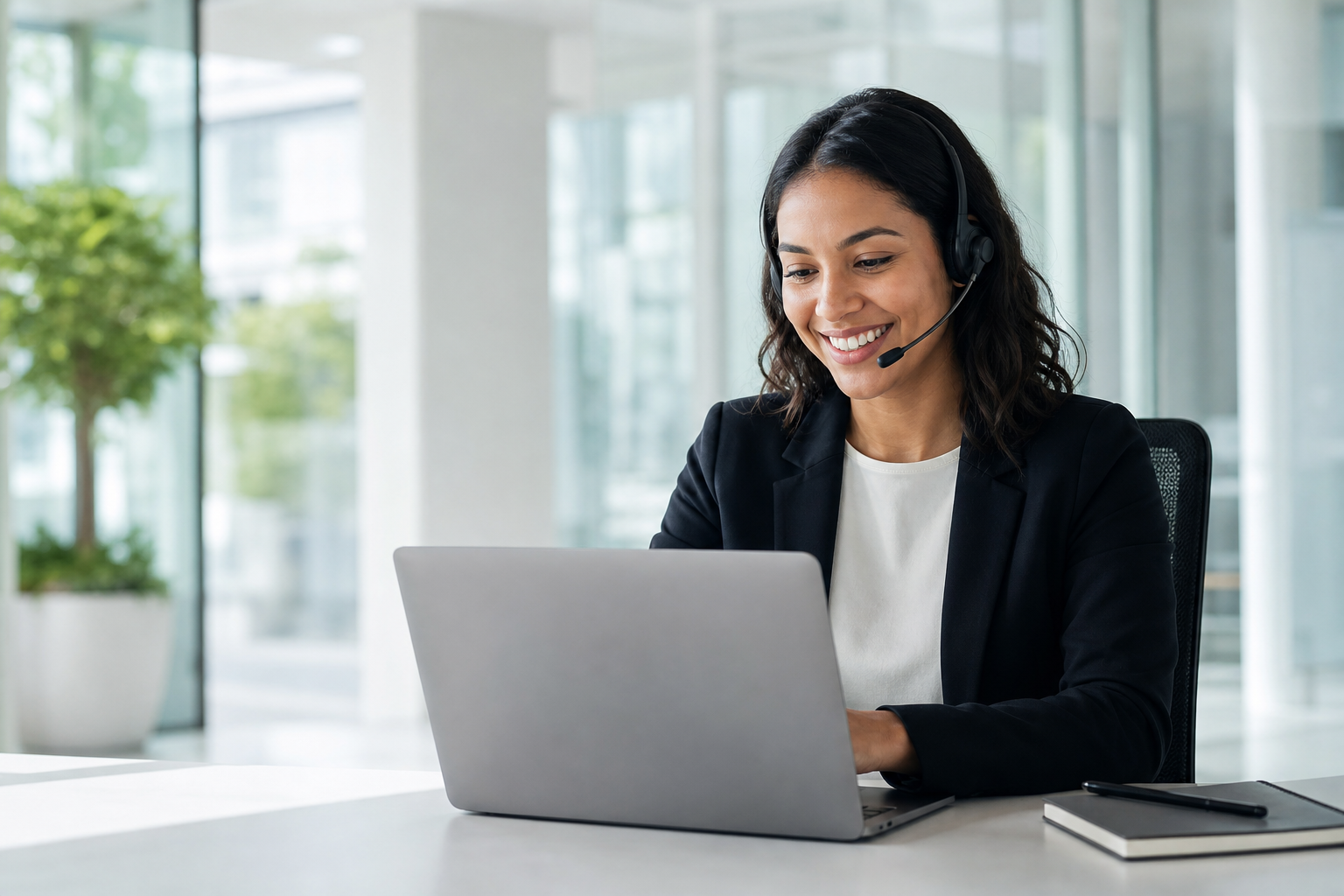 Smiling Person Working on Laptop in Modern Office